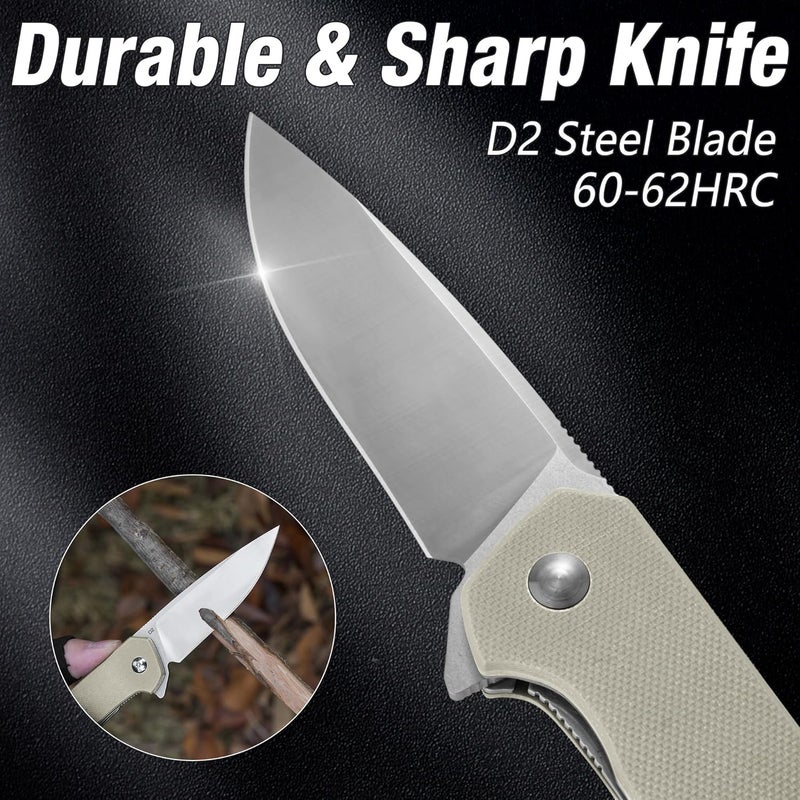 FLISSA Pocket Knife, Folding Tactical Knife with G10 Handle, D2 Blade, Liner Lock, Pocket Clip, EDC Knife for Hiking, Camping, Survival, Indoor and Outdoor Activities(Brown) - Image 2
